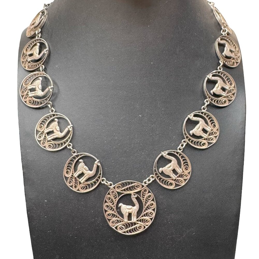 Vintage Sterling Silver Filigree Llama Necklace Handcrafted Peruvian Statement